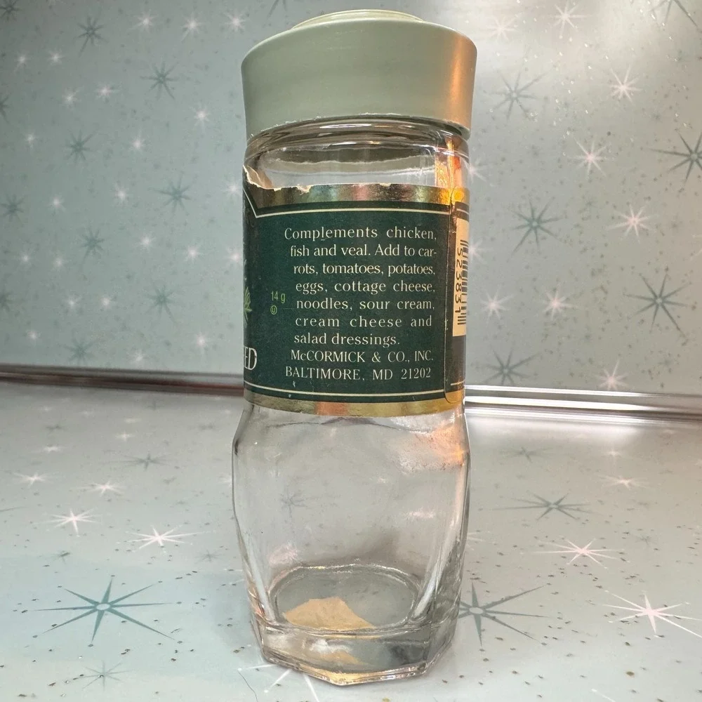 Vintage McCormick Dill Weed Jar Green Label and Lid Glass Spice Bottle Kitchen
